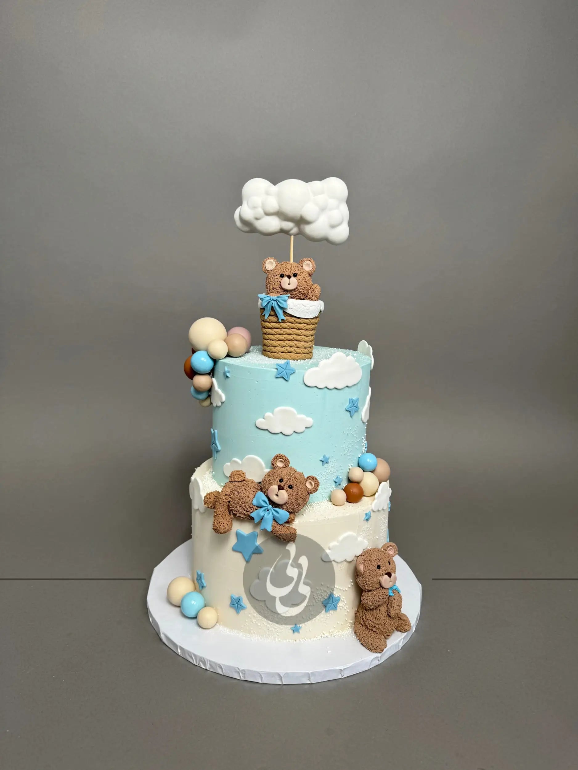 Bear in a cloud hot air balloon - custom cake