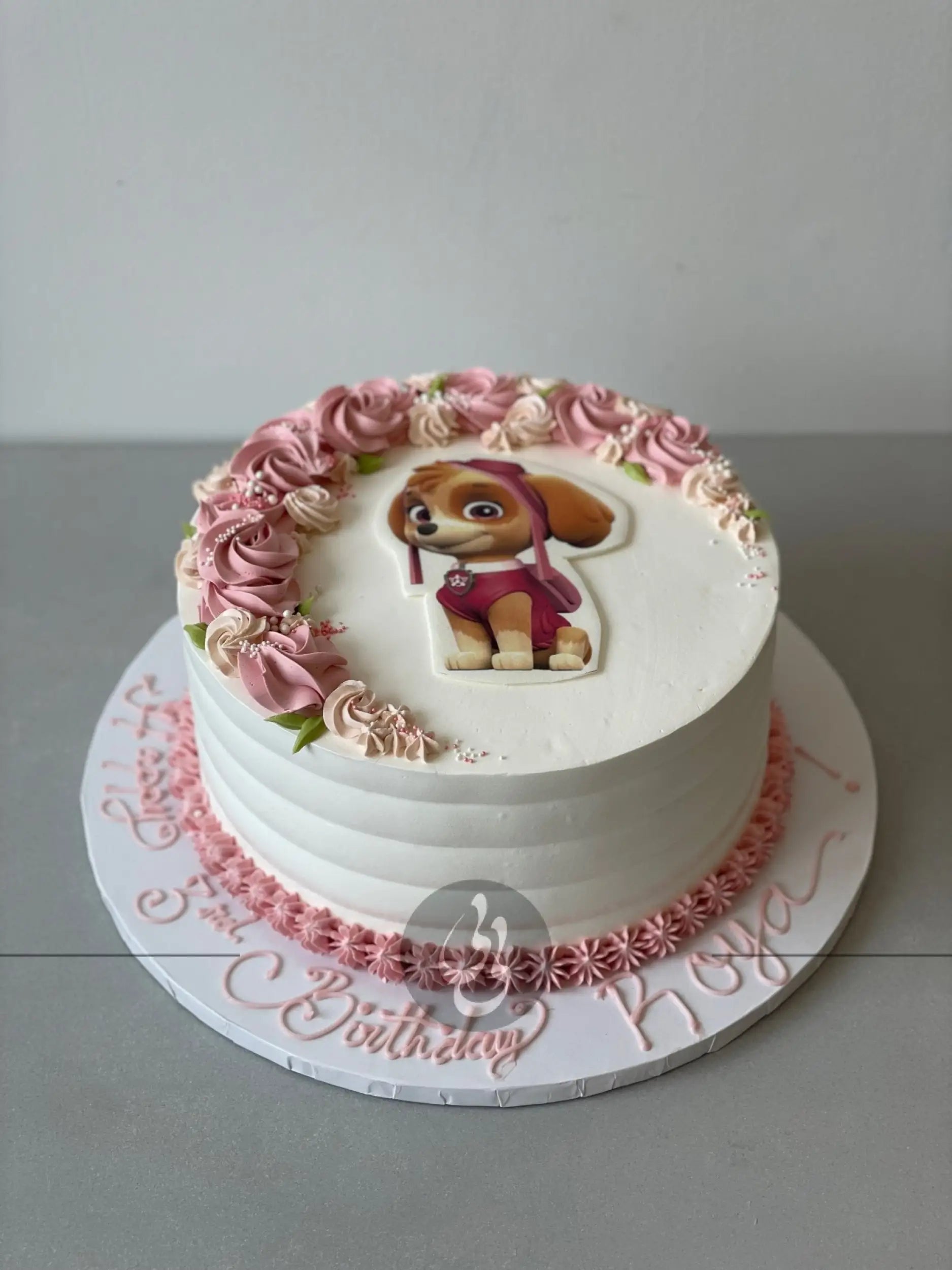 Edible print & rosettes on whipped cream - custom cake