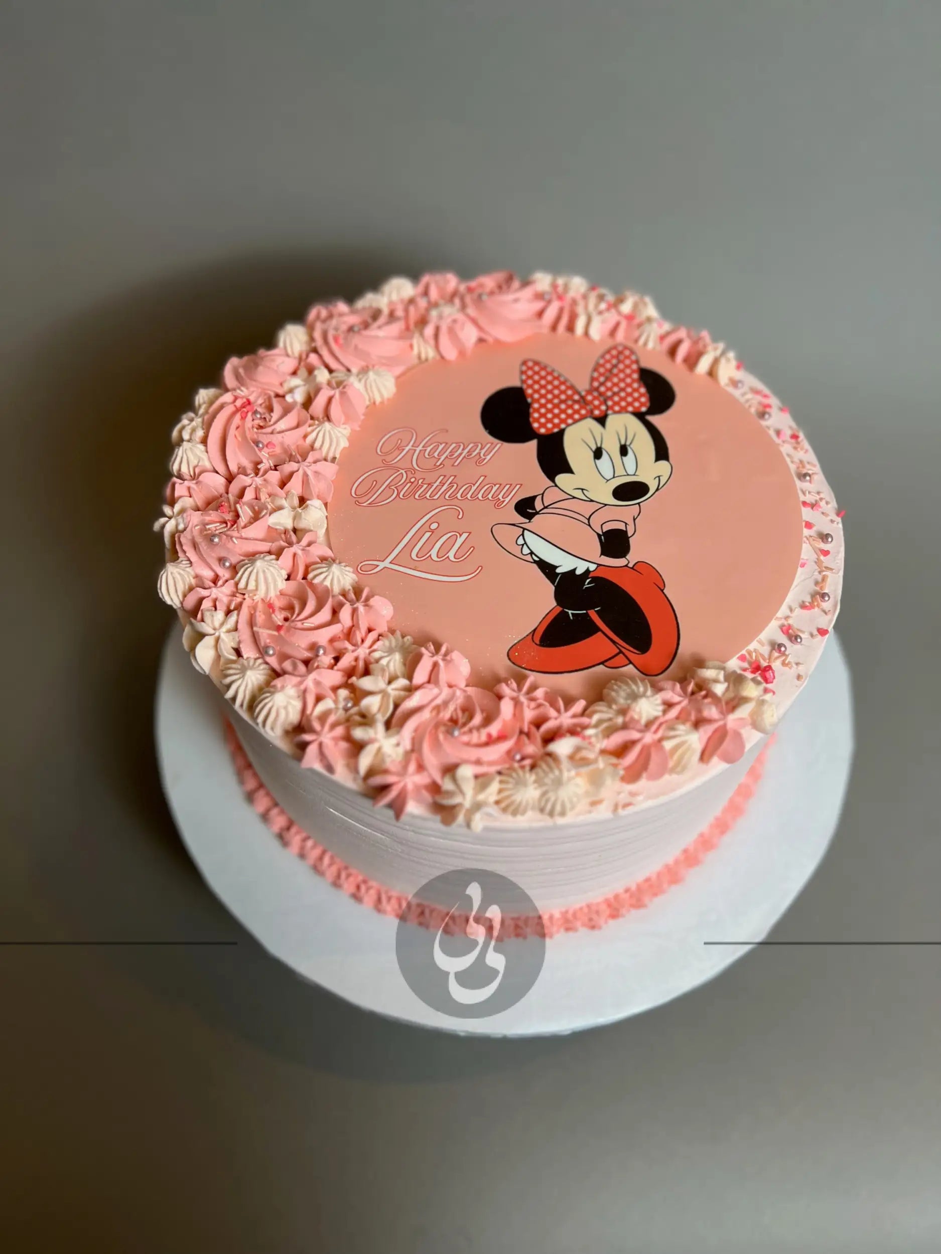 Edible print & rosettes on whipped cream - custom cake