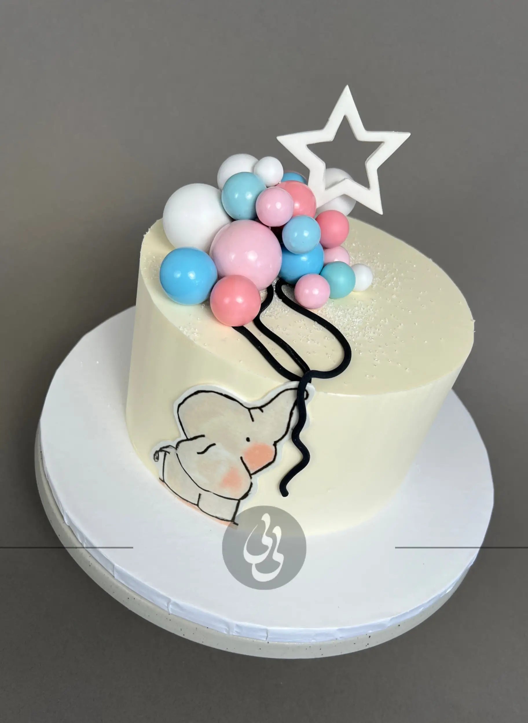 Gender reveal baby animal & spheres - custom cake