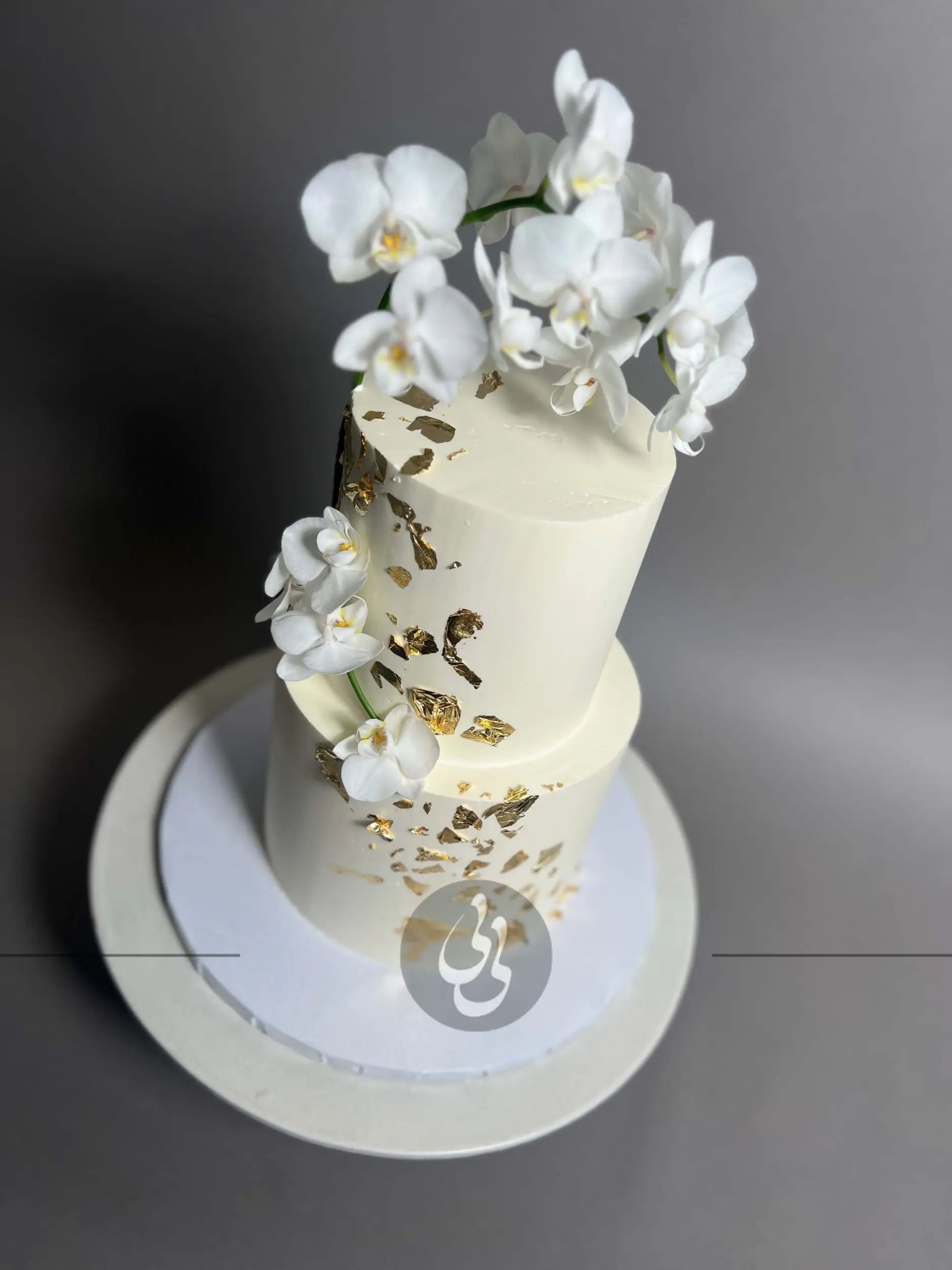 Gold foil fresh orchids - wedding cake