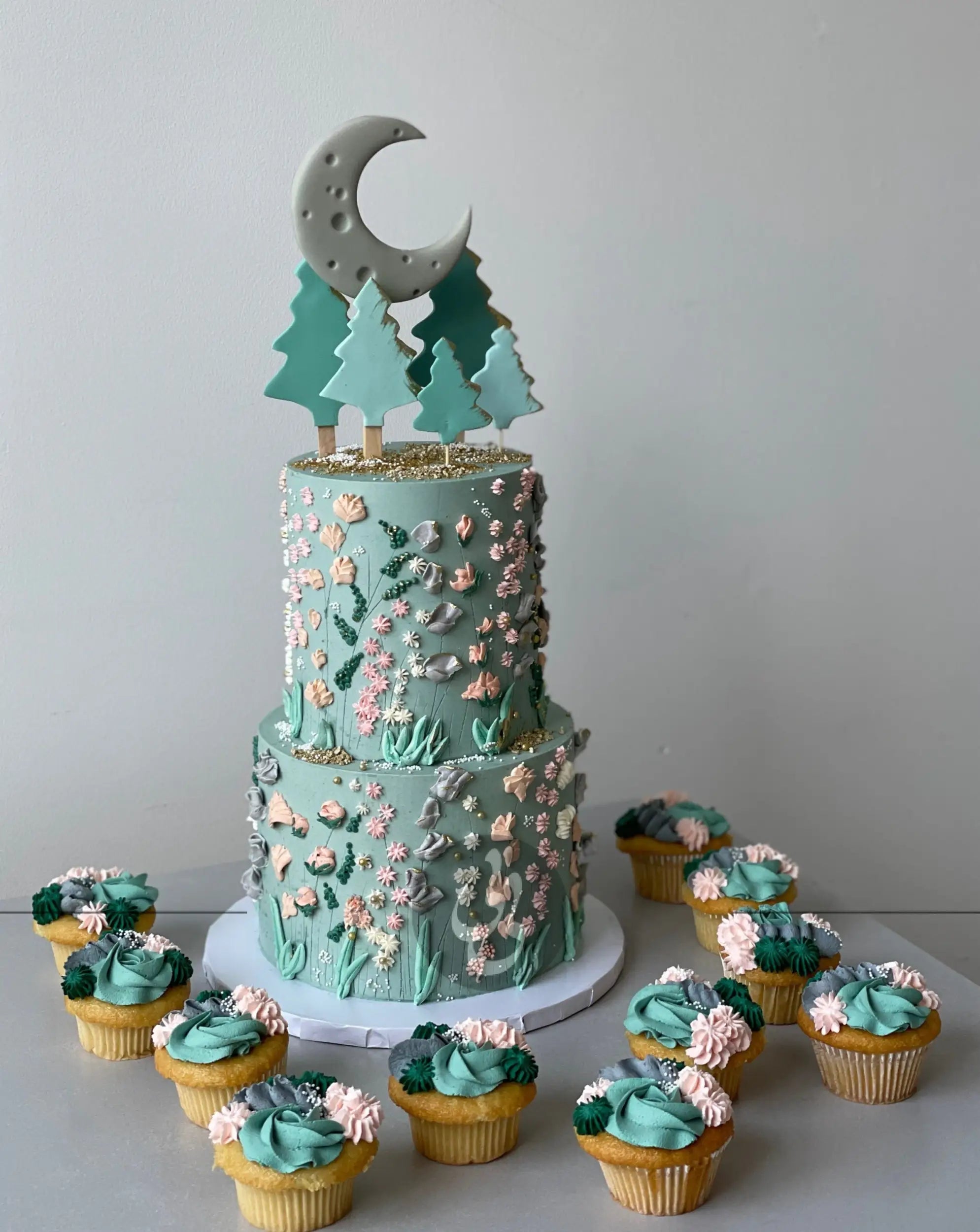 Hand piped meadow flowers & moon - custom cake