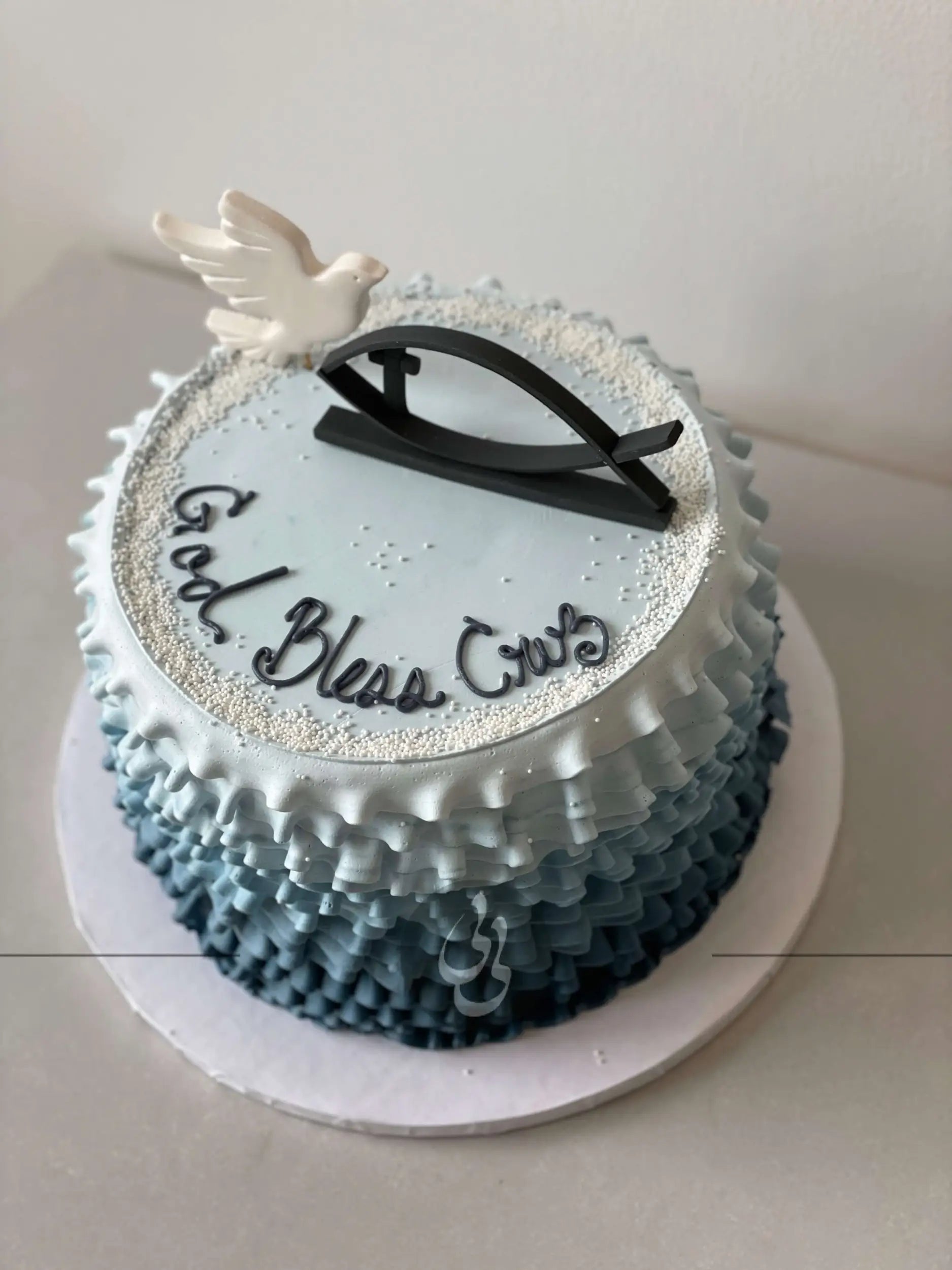 Hand piped sacrament cake in whipped cream - custom cake