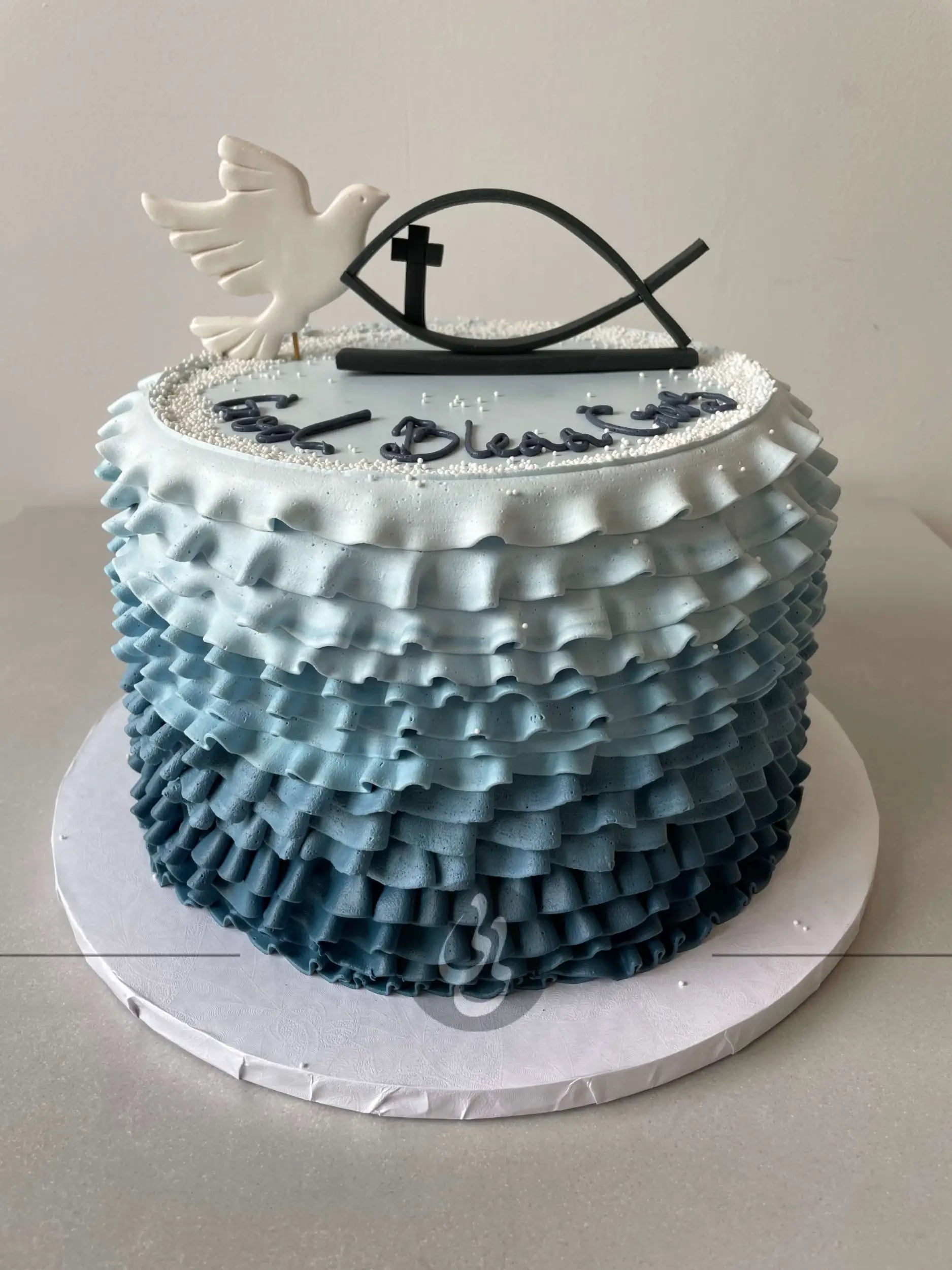 Hand piped sacrament cake in whipped cream - custom cake