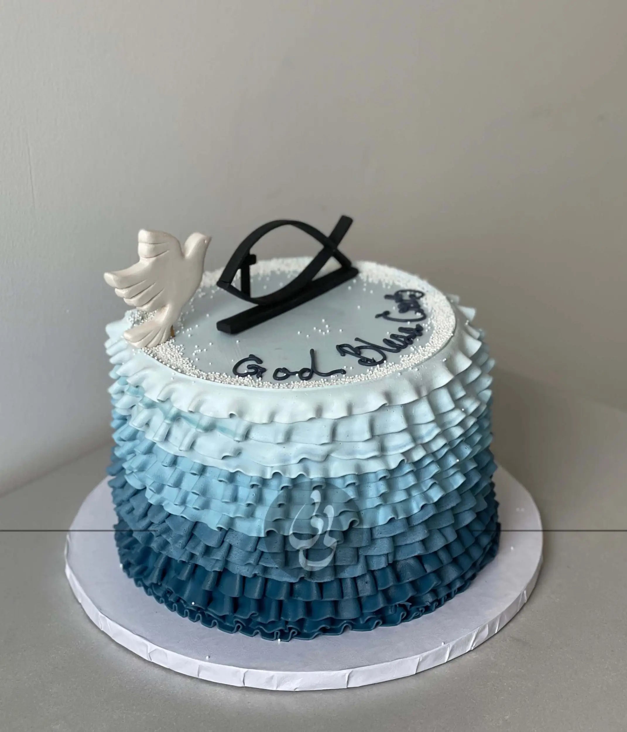 Hand piped sacrament cake in whipped cream - custom cake