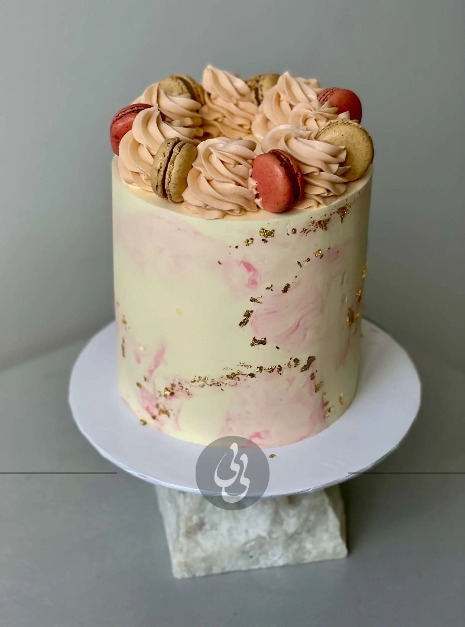 Macarons & gold foil on marble buttercream - custom cake