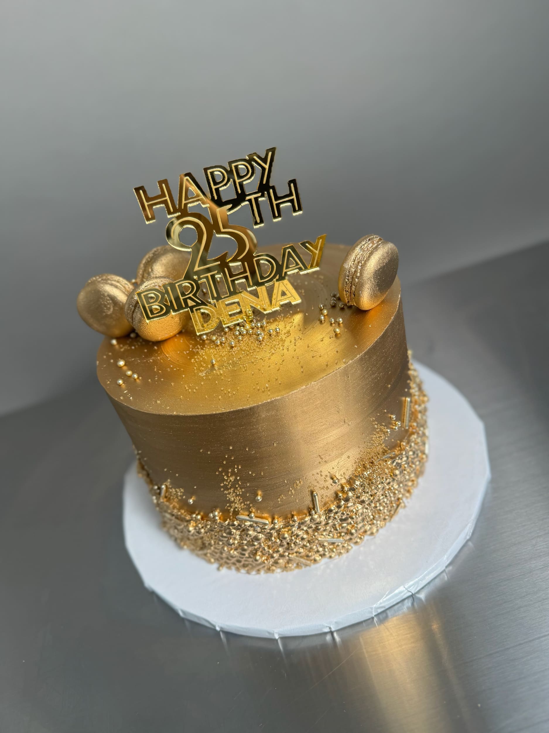 Metallic sequins on buttercream - custom cake