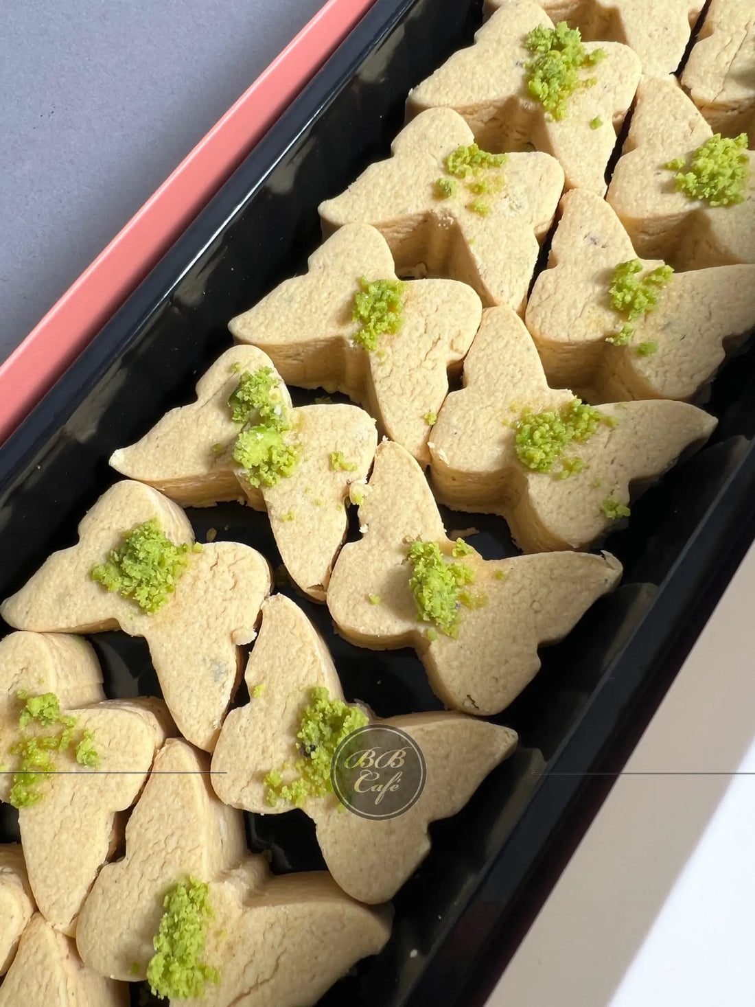 Norouz butterfly chickpea cookies in pink box - شیرینی نخودچی پروانه pastry
