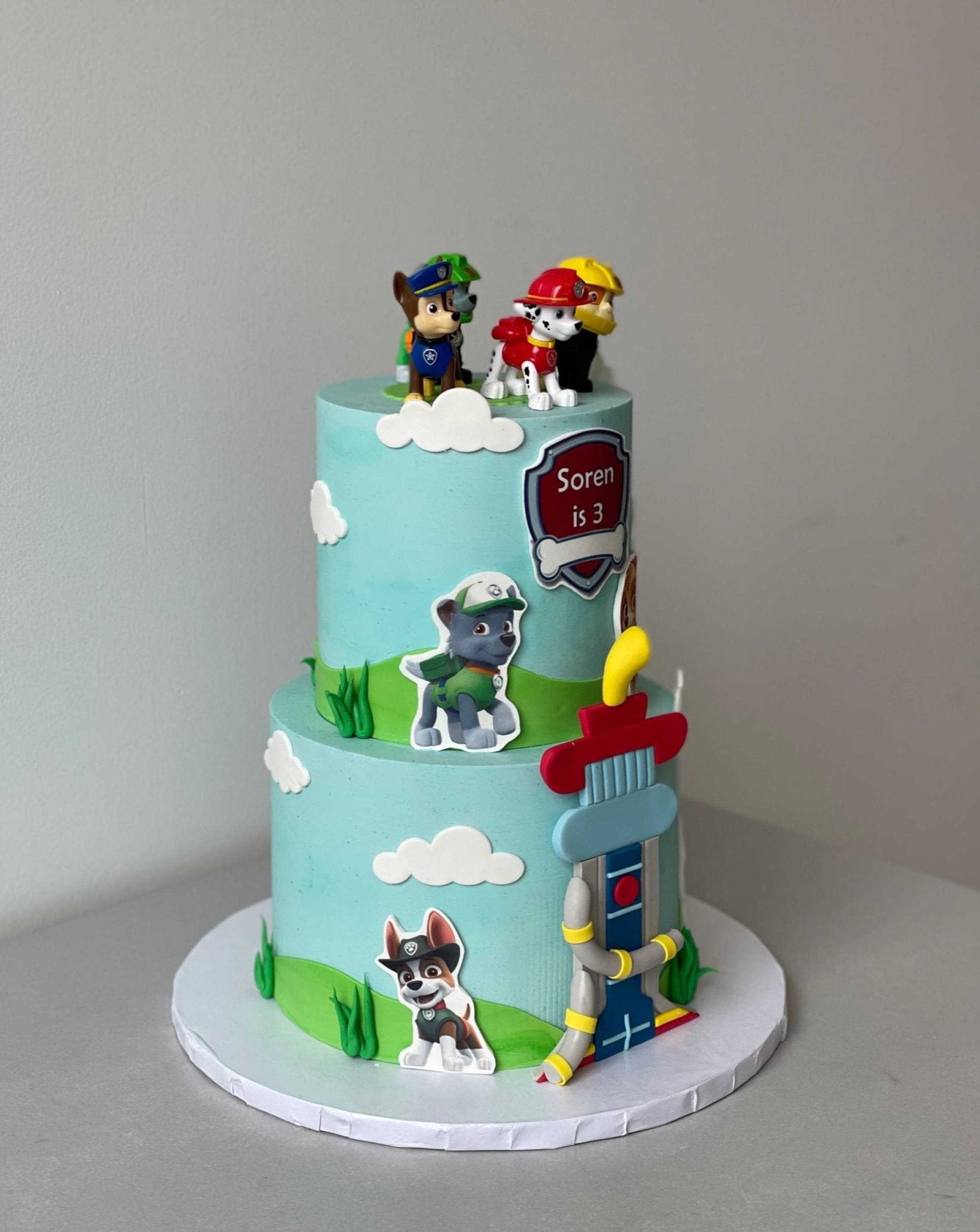 Paw patrol edible print on blue buttercream - custom cake