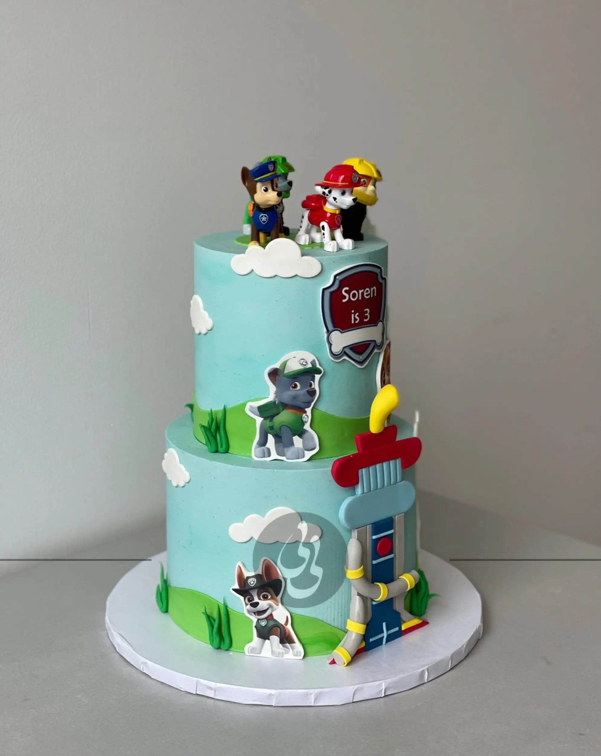 Paw patrol edible print on blue buttercream - custom cake