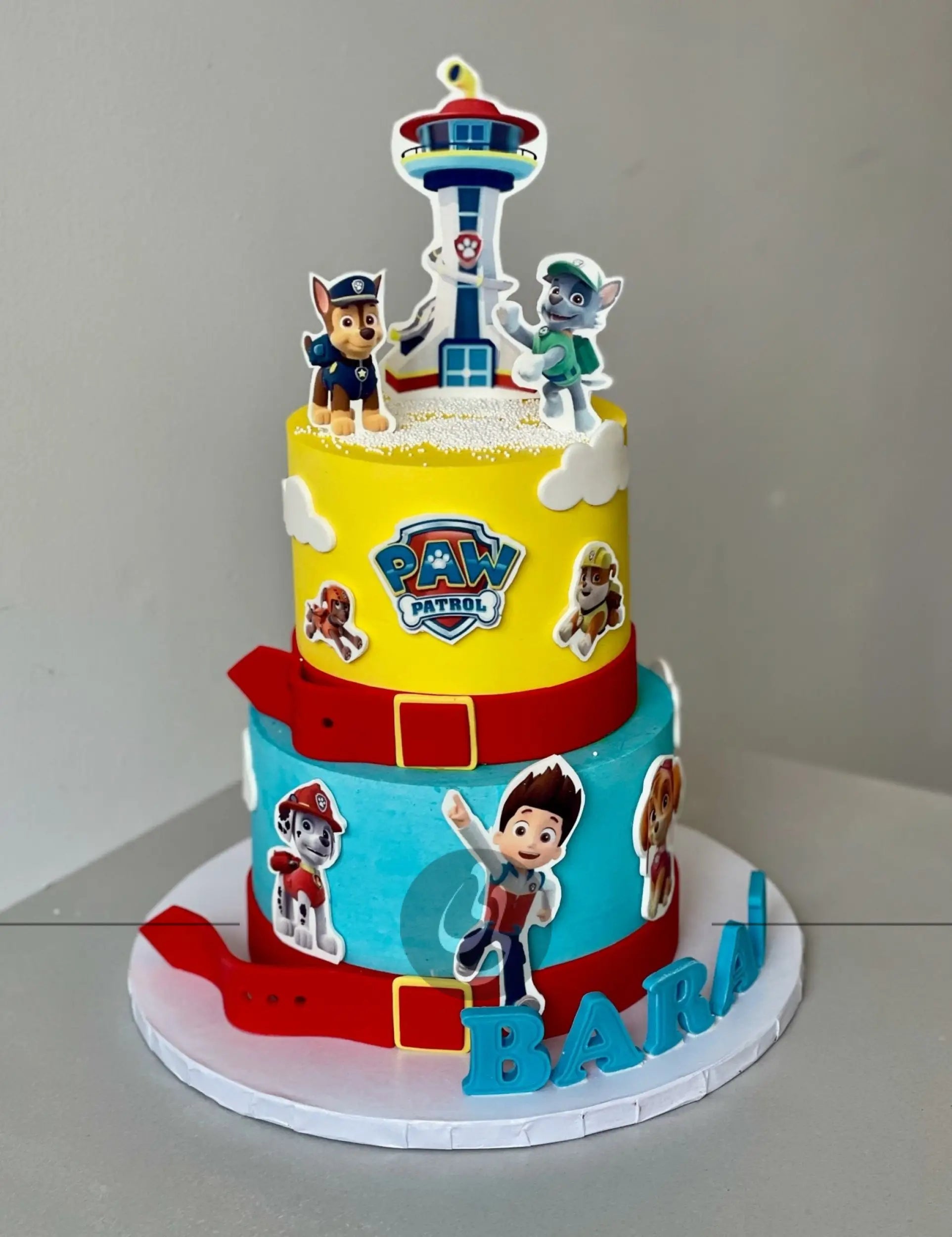 Paw patrol edible print on blue buttercream - custom cake