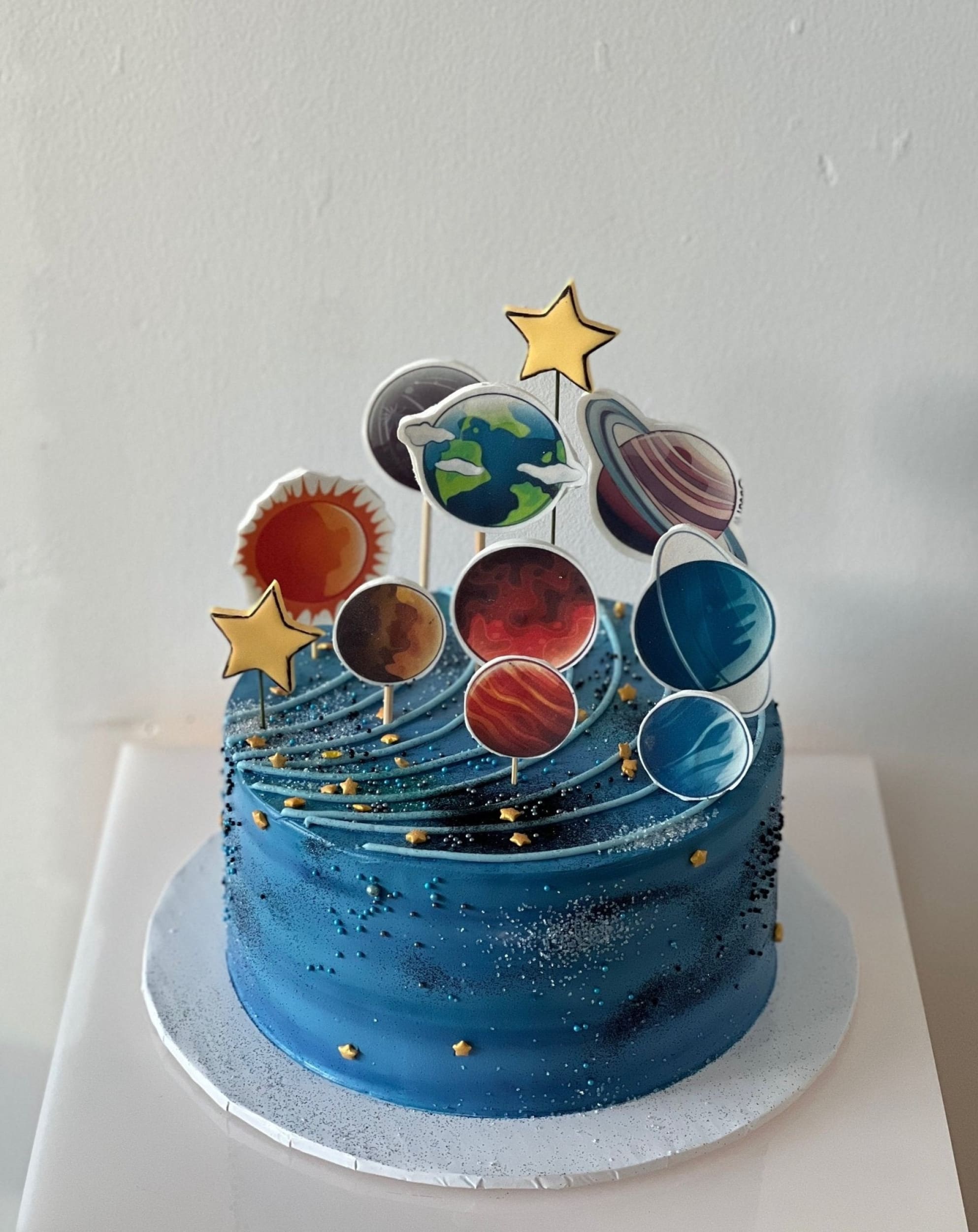 Solar system edible print on whipped cream - custom cake