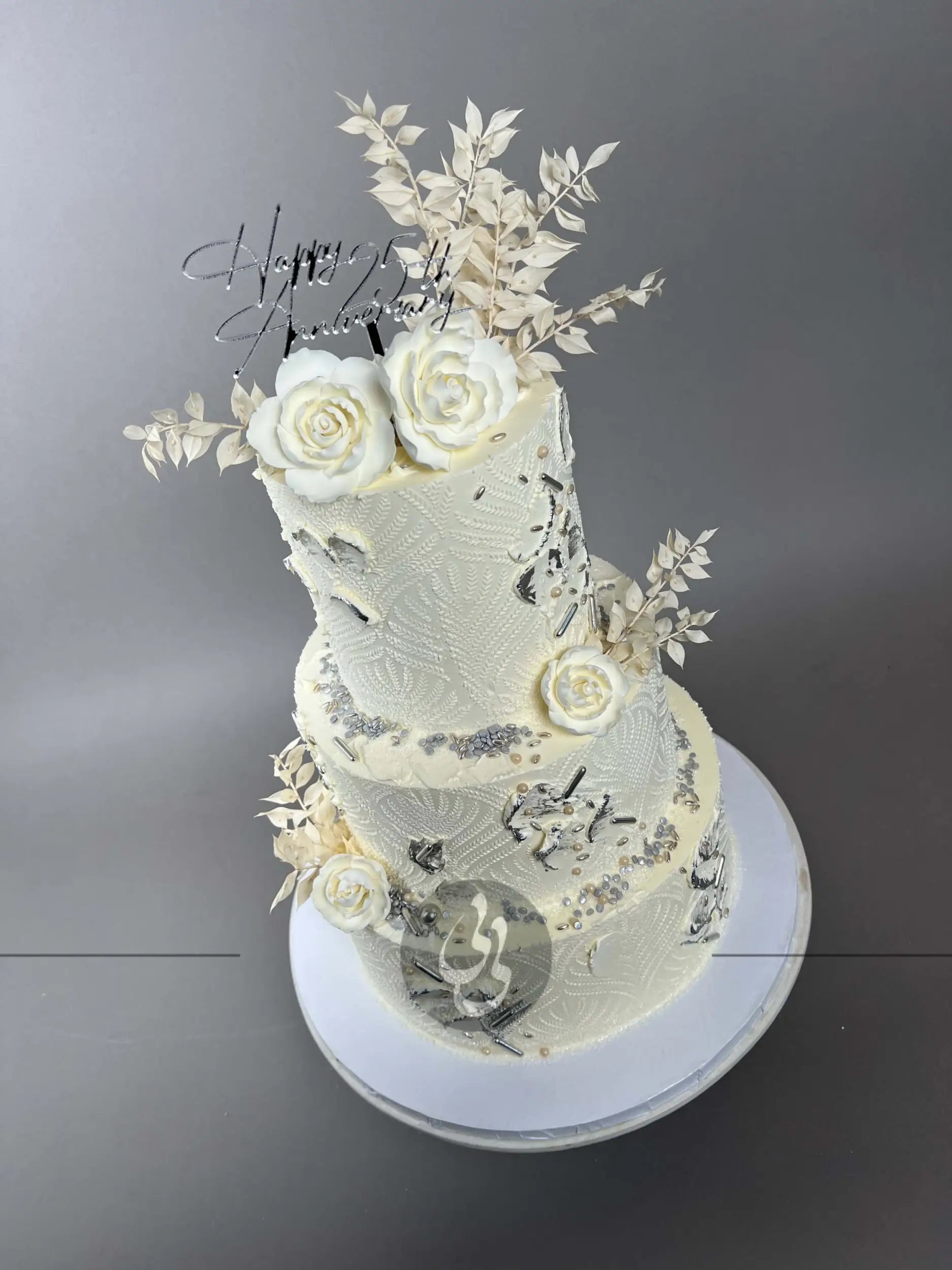 Stenciled boho & sugar flowers - wedding cake