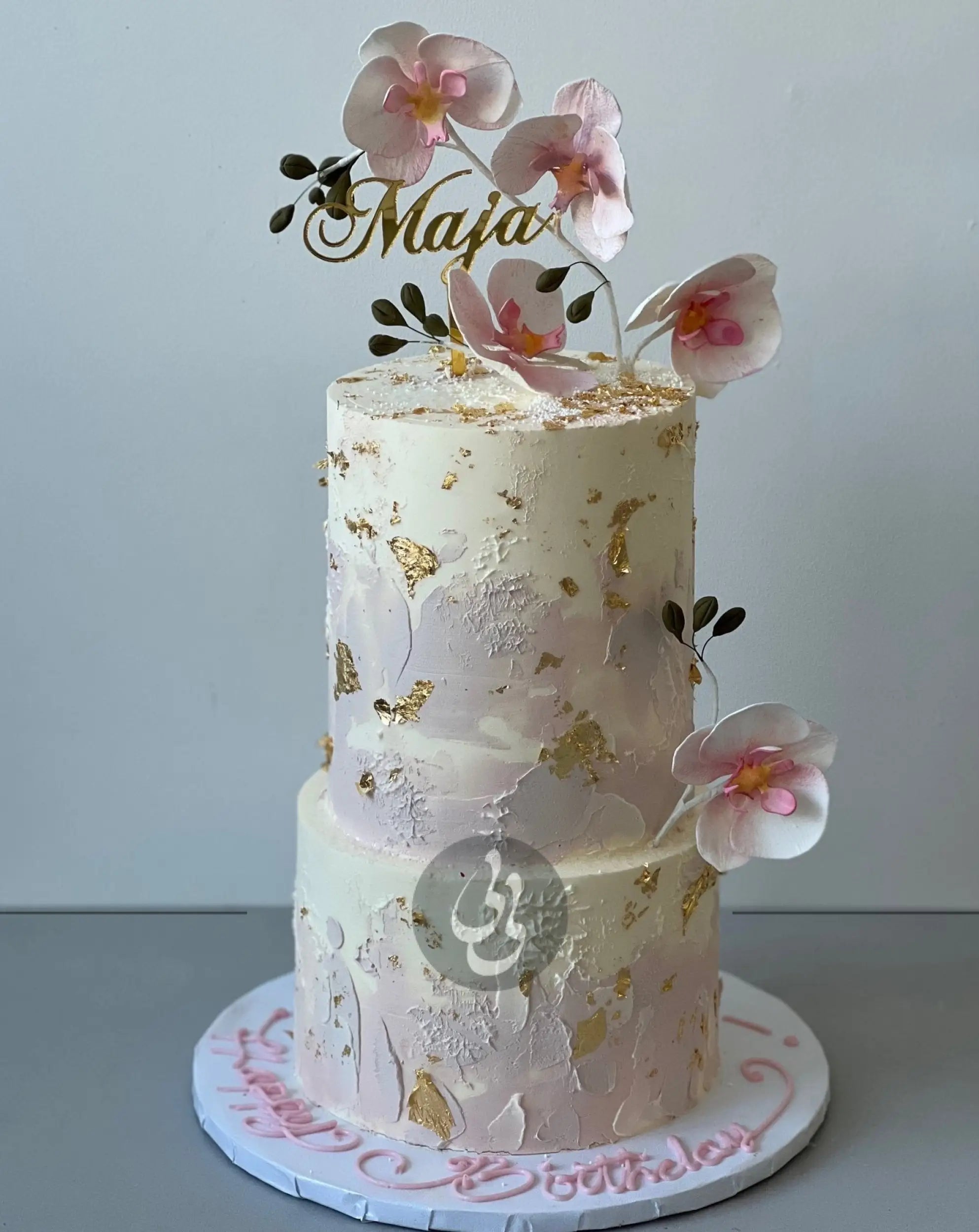 Sugar orchid stem on buttercream - custom cake
