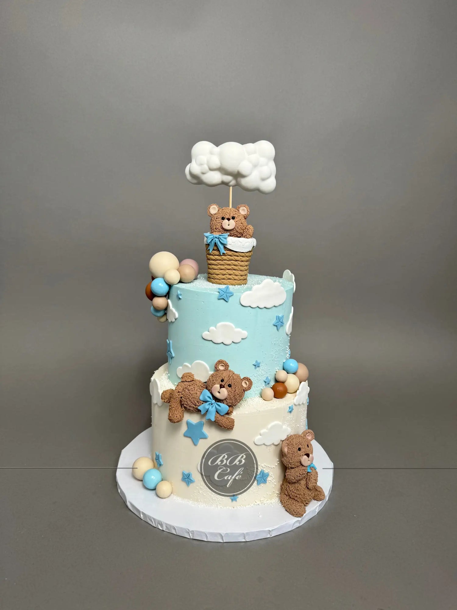 Bear in a cloud hot air balloon - custom cake