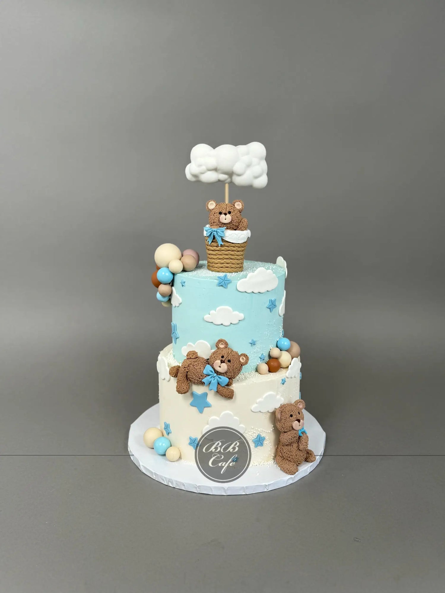 Bear in a cloud hot air balloon - custom cake