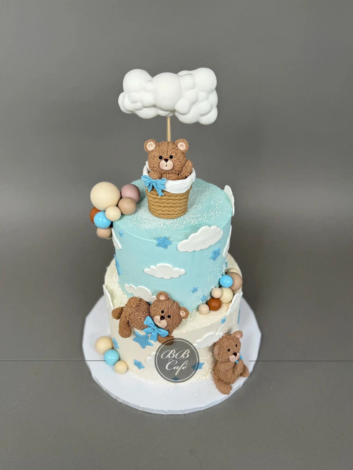 Bear in a cloud hot air balloon - custom cake