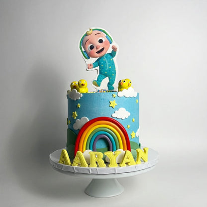 Cocomelon jj &amp; rainbow in edible print - custom cake
