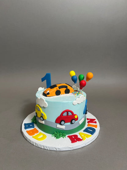 Colourful cars on buttercream - custom cake