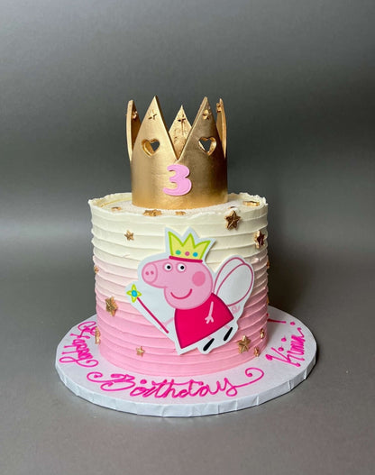 Crown and edible print of peppa pig on buttercream - custom cake