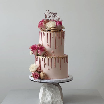 Drips &amp; fresh flowers on buttercream - custom cake