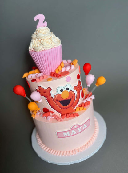 Elmo &amp; cupcake on buttercream - custom cake