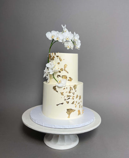 Gold foil fresh orchids - wedding cake