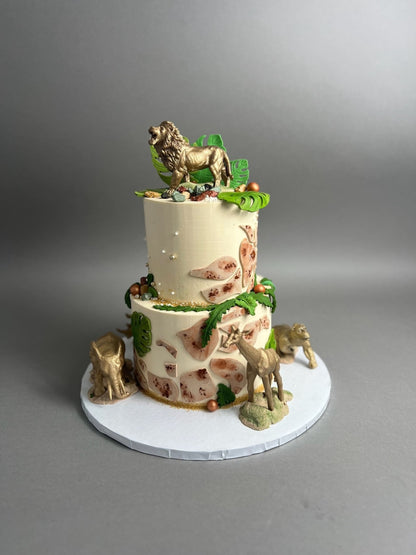 Golden safari animals on buttercream - custom cake