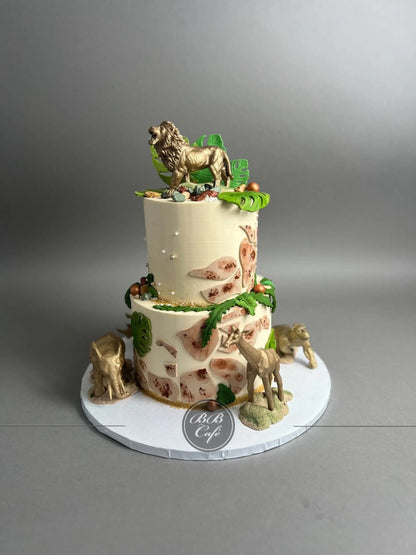 Golden safari animals on buttercream - custom cake