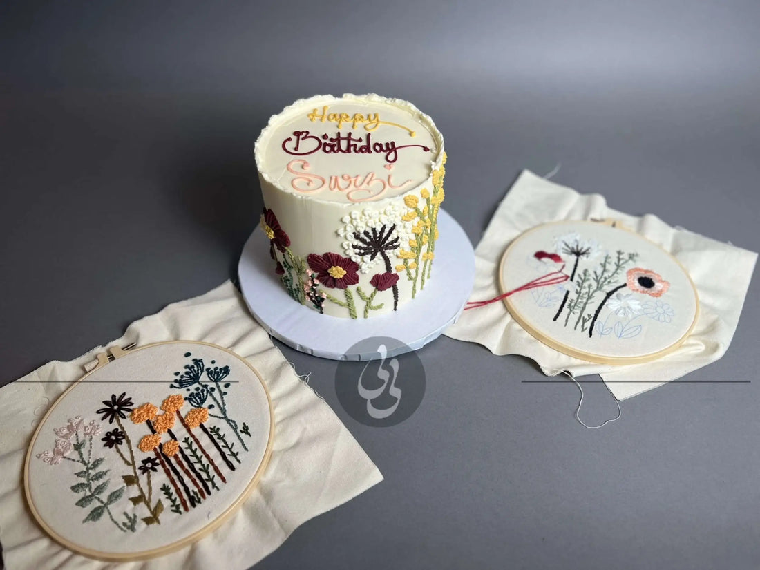 Hand piped embroidery on buttercream - custom cake