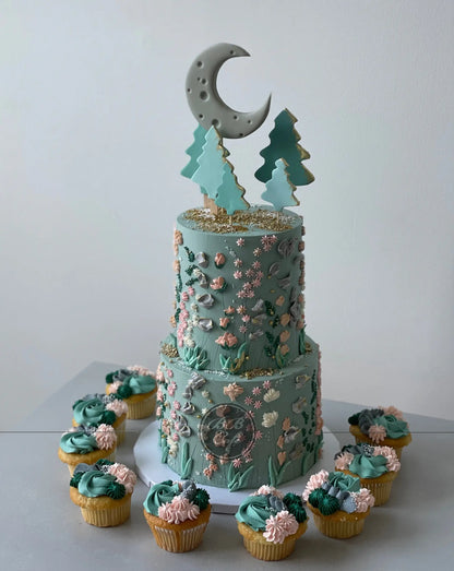 Hand piped meadow flowers &amp; moon - custom cake