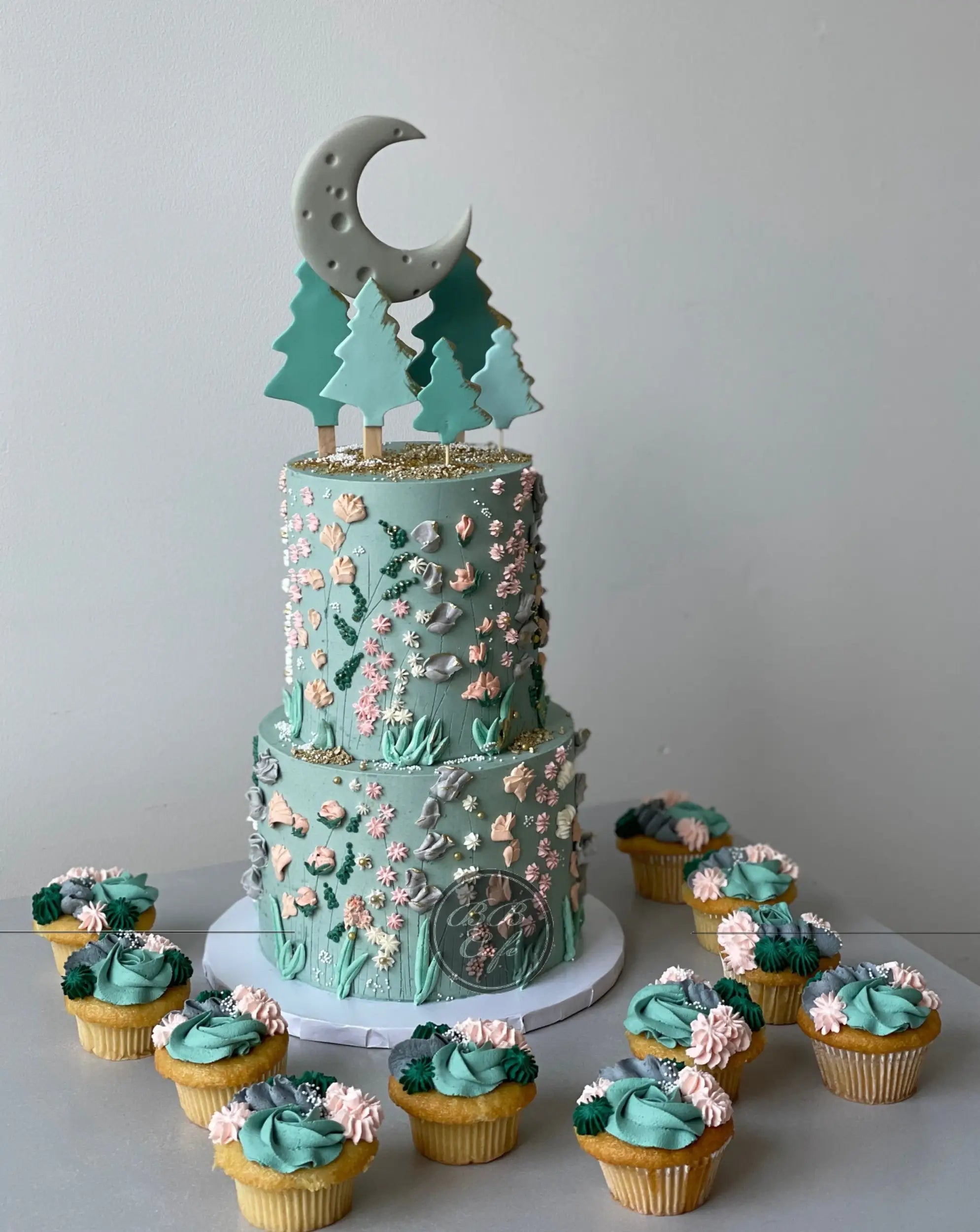 Hand piped meadow flowers &amp; moon - custom cake