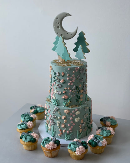 Hand piped meadow flowers &amp; moon - custom cake