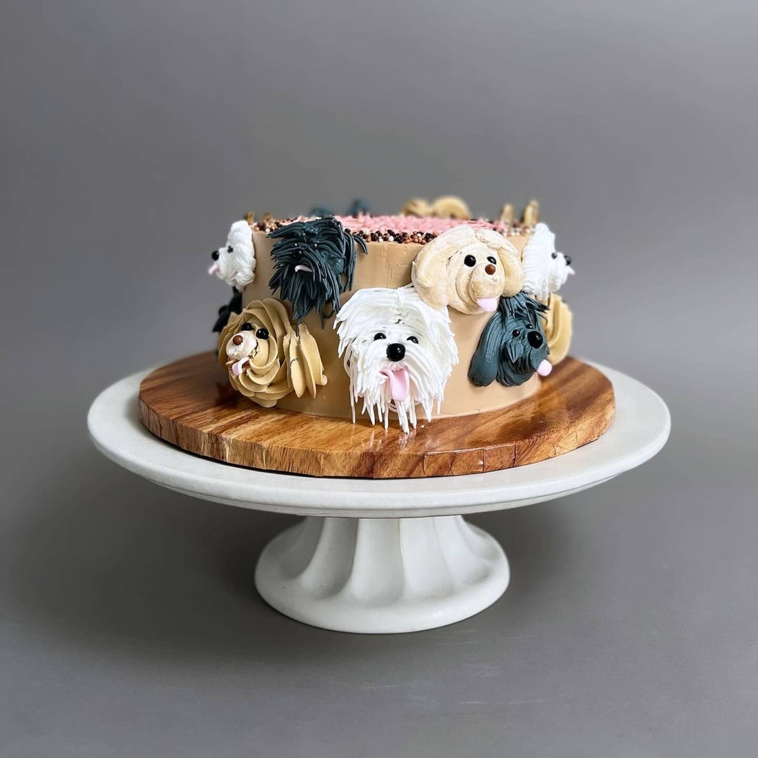Hand piped puppy party on whipped cream - custom cake