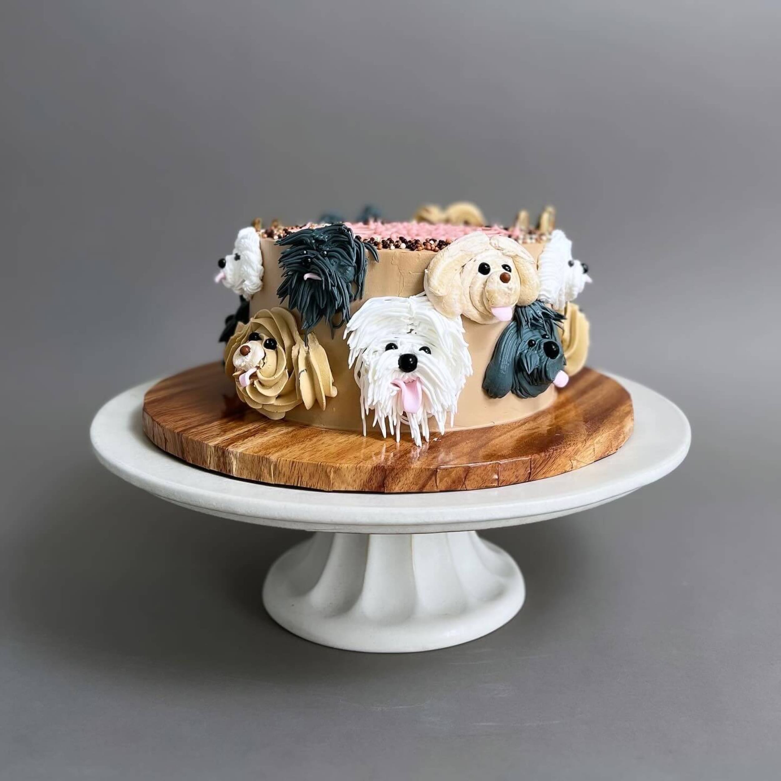Hand piped puppy party on whipped cream - custom cake