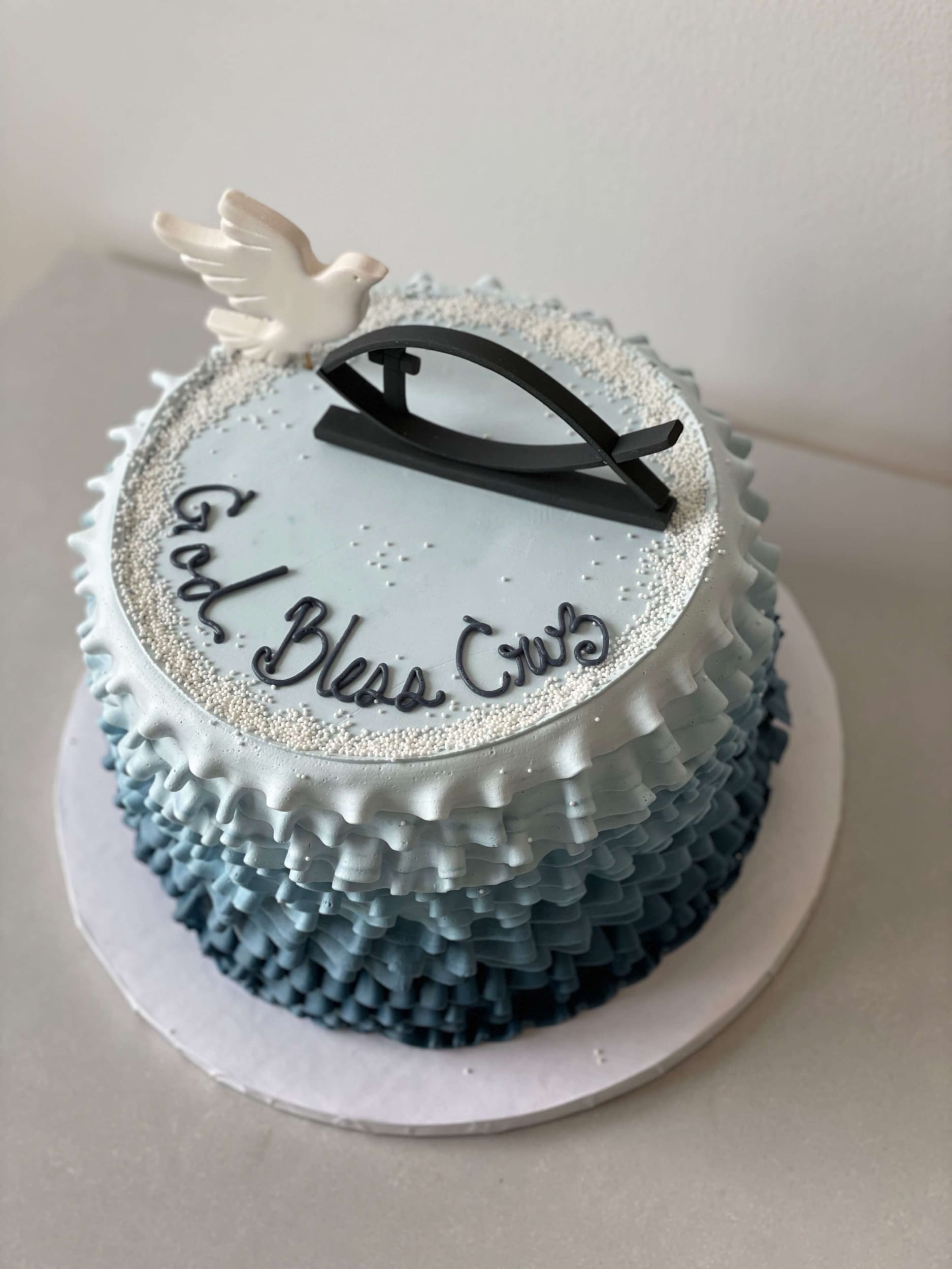 Hand piped sacrament cake in whipped cream - custom cake