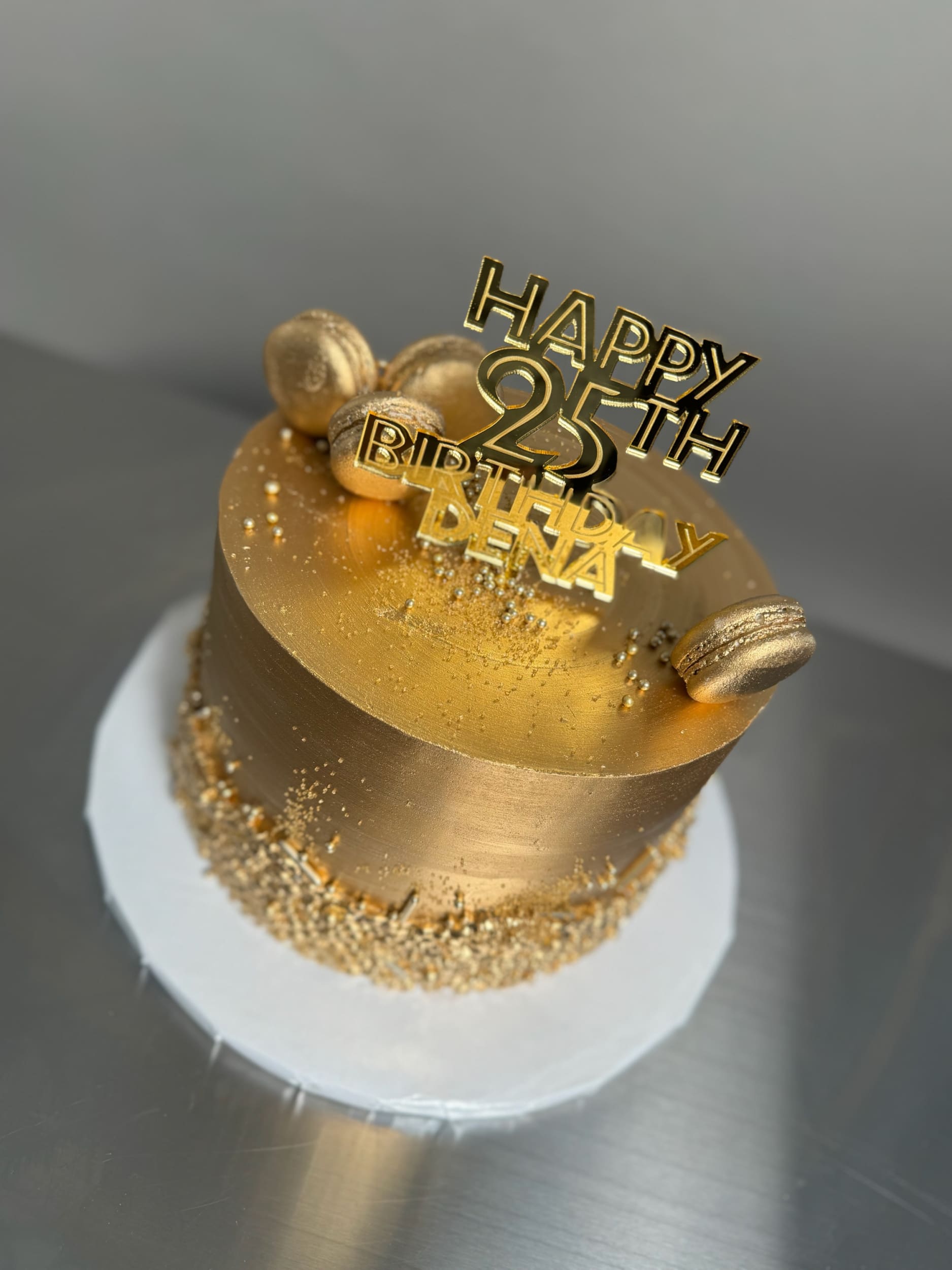 Metallic sequins on buttercream - custom cake