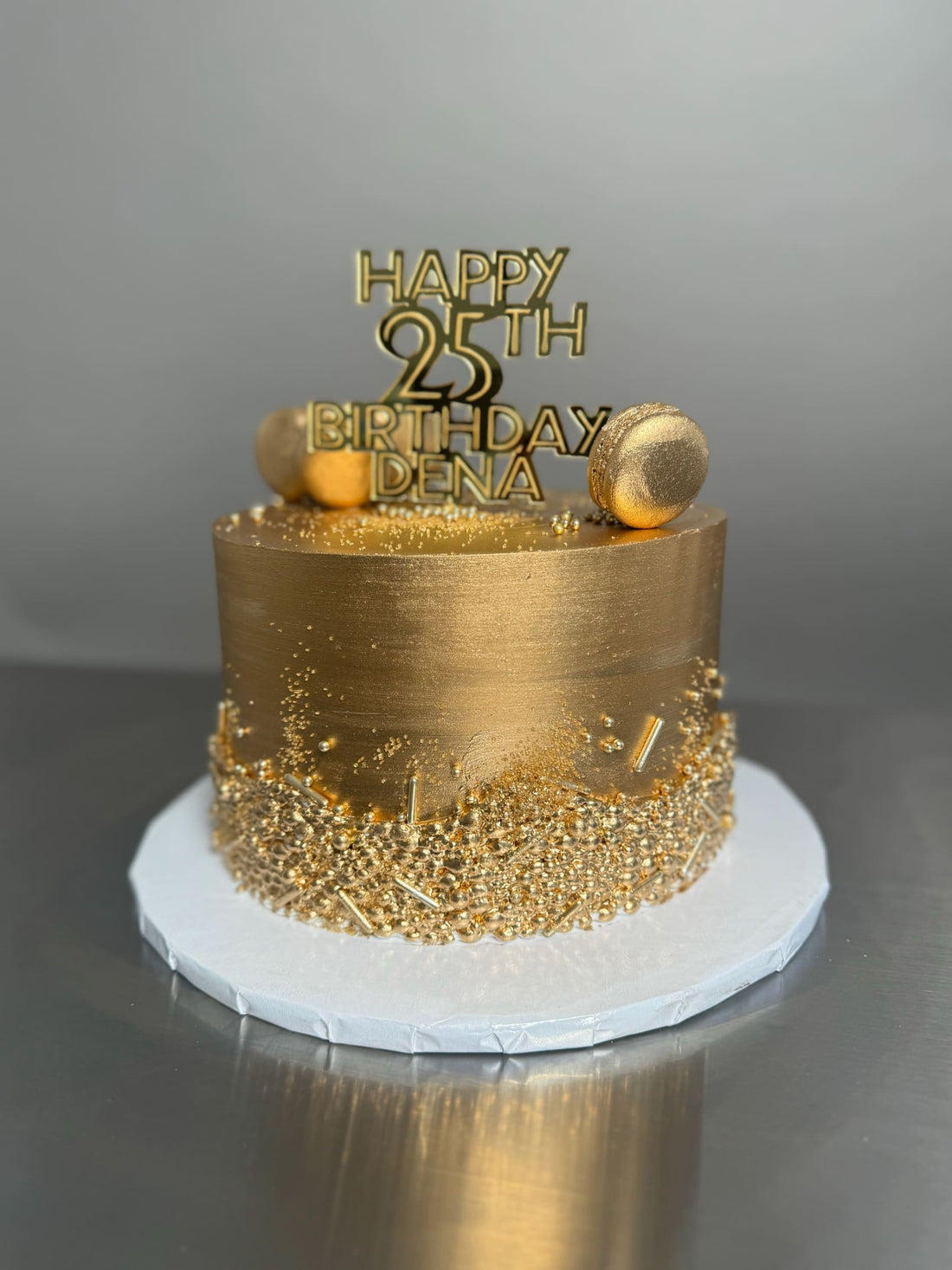 Metallic sequins on buttercream - custom cake