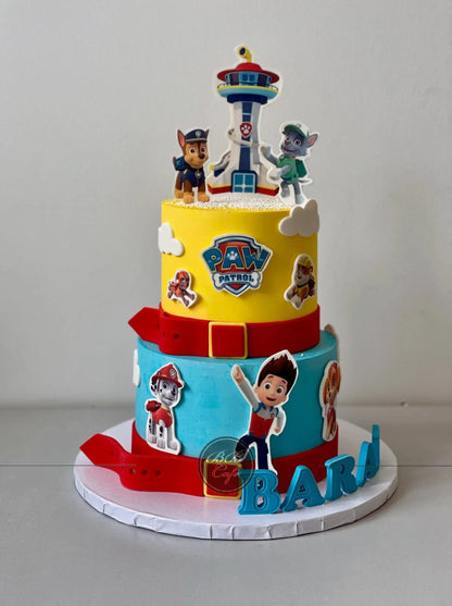 Paw patrol edible print on blue buttercream - custom cake