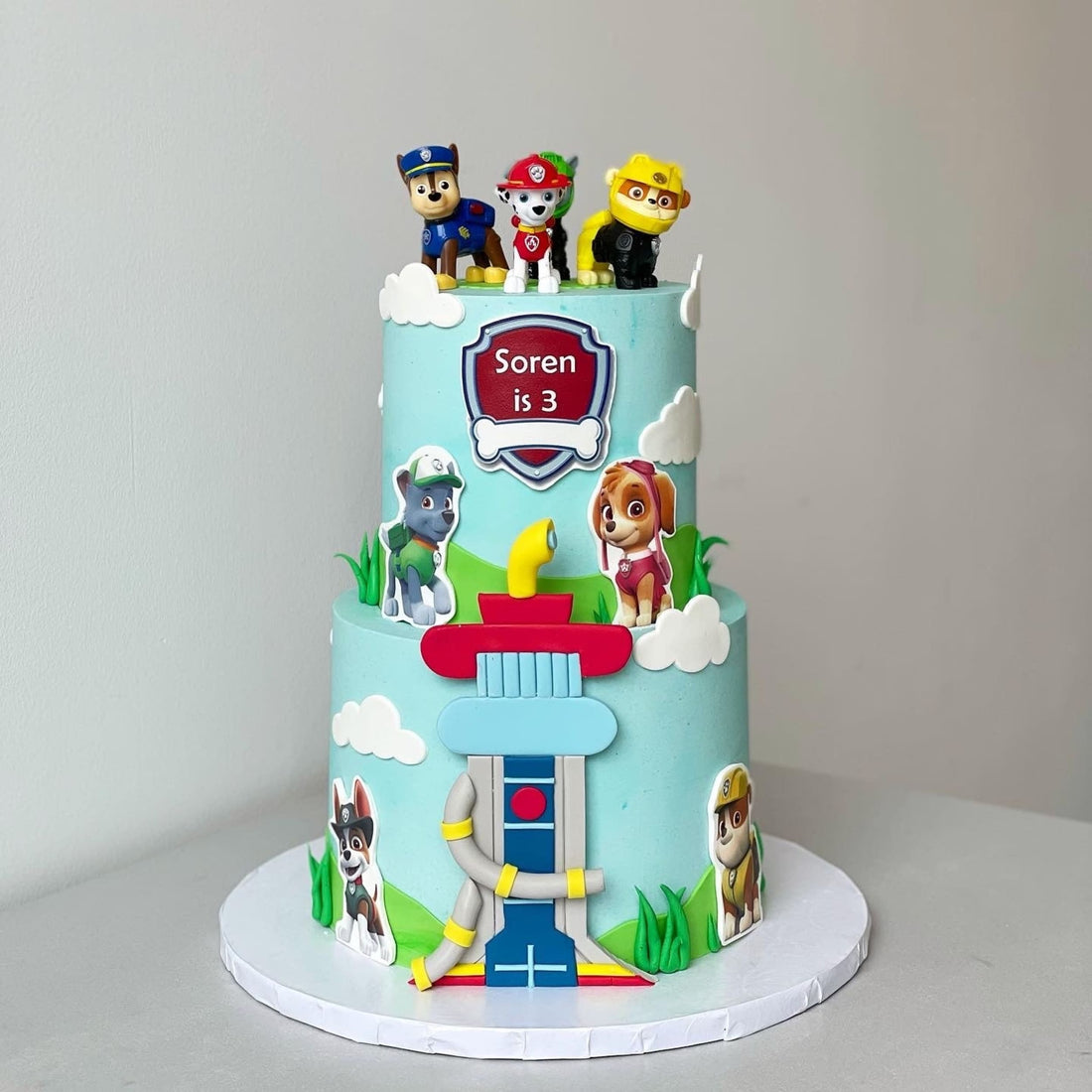Paw patrol edible print on blue buttercream - custom cake