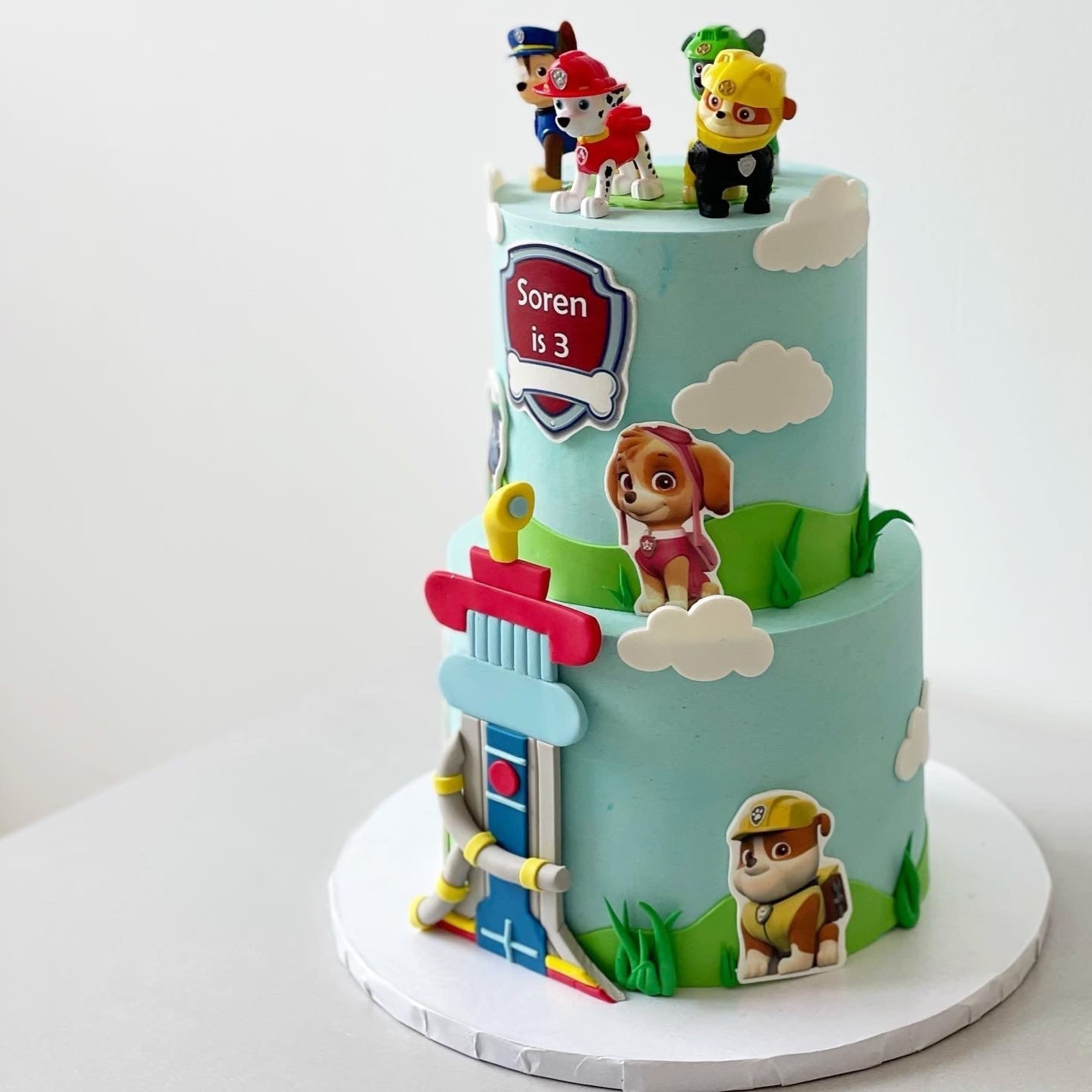 Paw patrol edible print on blue buttercream - custom cake