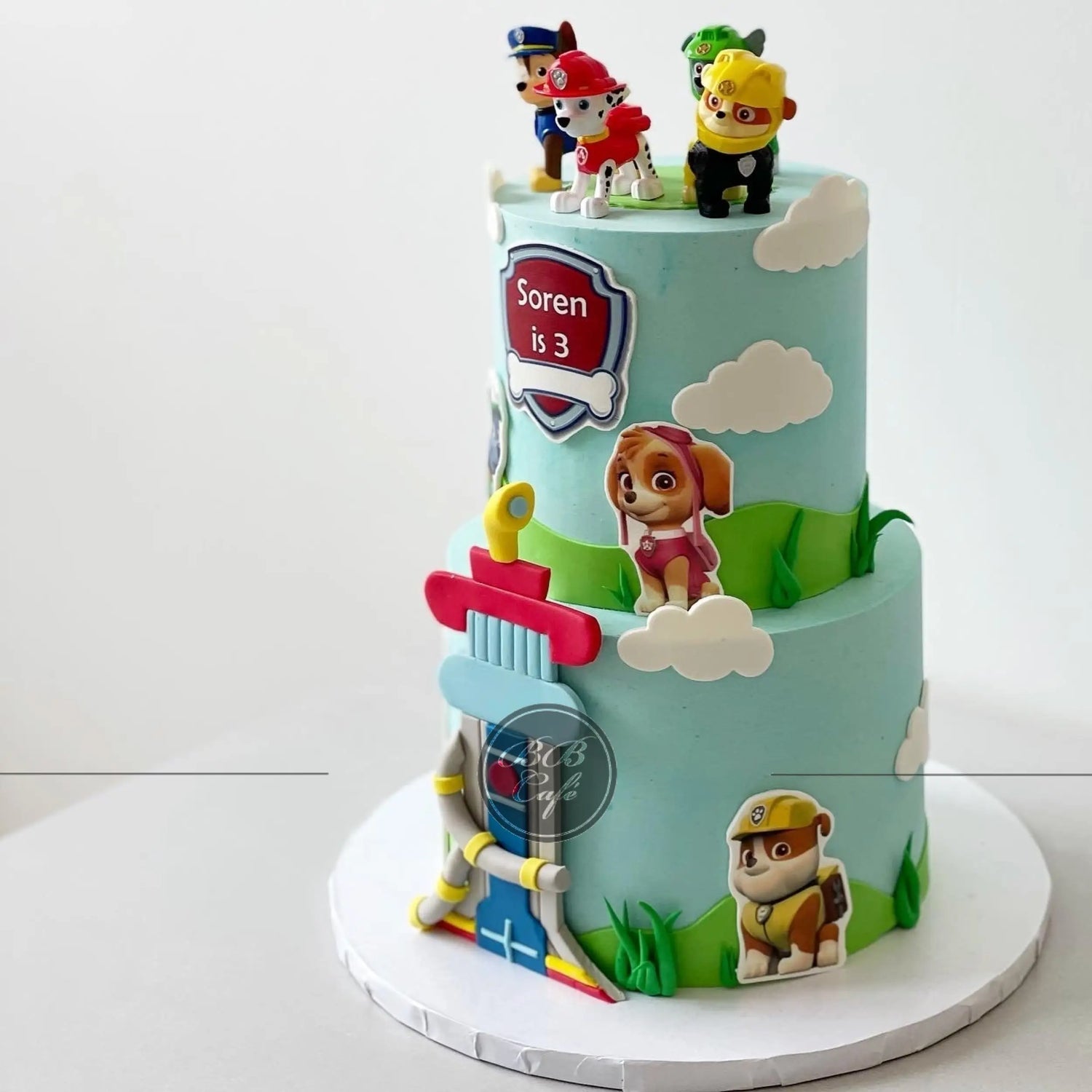 Paw patrol edible print on blue buttercream - custom cake