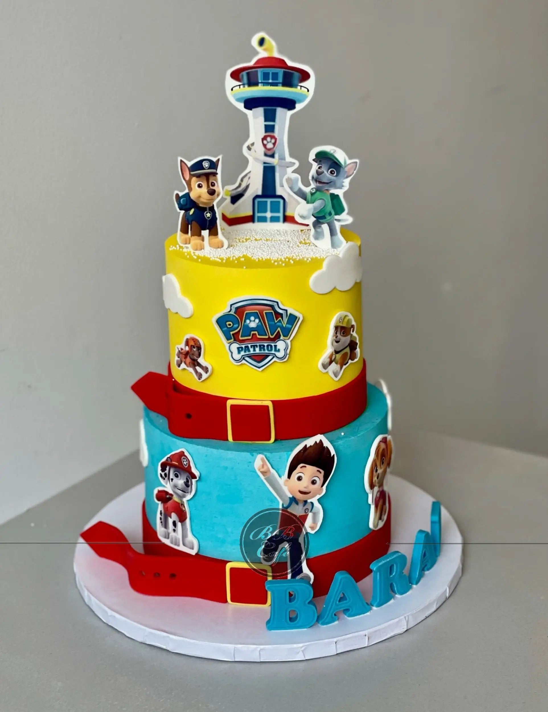 Paw patrol edible print on blue buttercream - custom cake