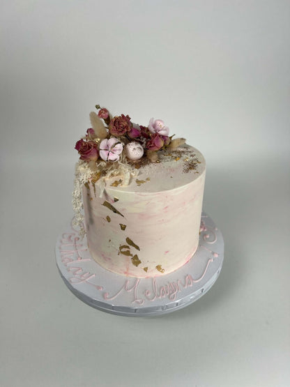 Preserved flowers on marble buttercream - custom cake
