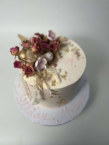 Preserved flowers on marble buttercream - custom cake