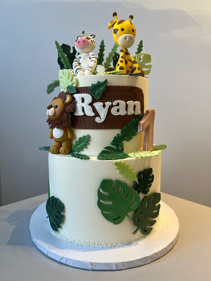Safari animals &amp; leaves - custom cake