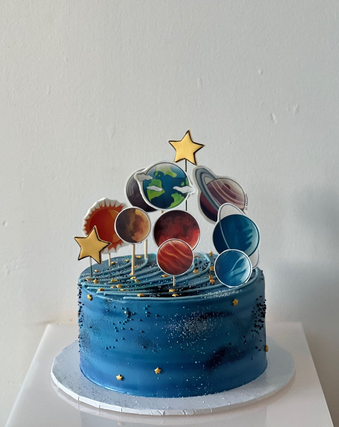 Solar system edible print on whipped cream - custom cake