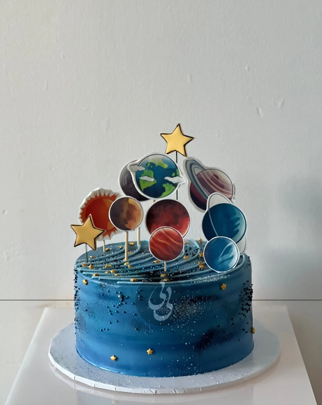 Solar system edible print on whipped cream - custom cake