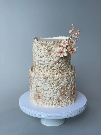 Sugar flower on floral imprinted fondant - custom cake