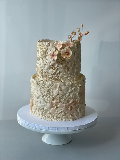 Sugar flower on floral imprinted fondant - custom cake